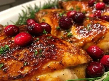 Cranberry Maple Roast Chicken on a plate garnished with herbs and cranberries.