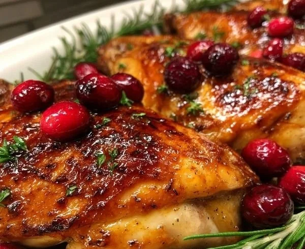 Cranberry Maple Roast Chicken on a plate garnished with herbs and cranberries.