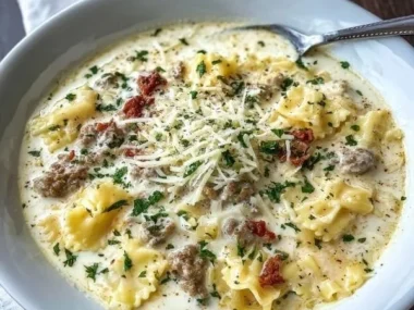Bowl of creamy Alfredo Lasagna Soup topped with cheese and herbs