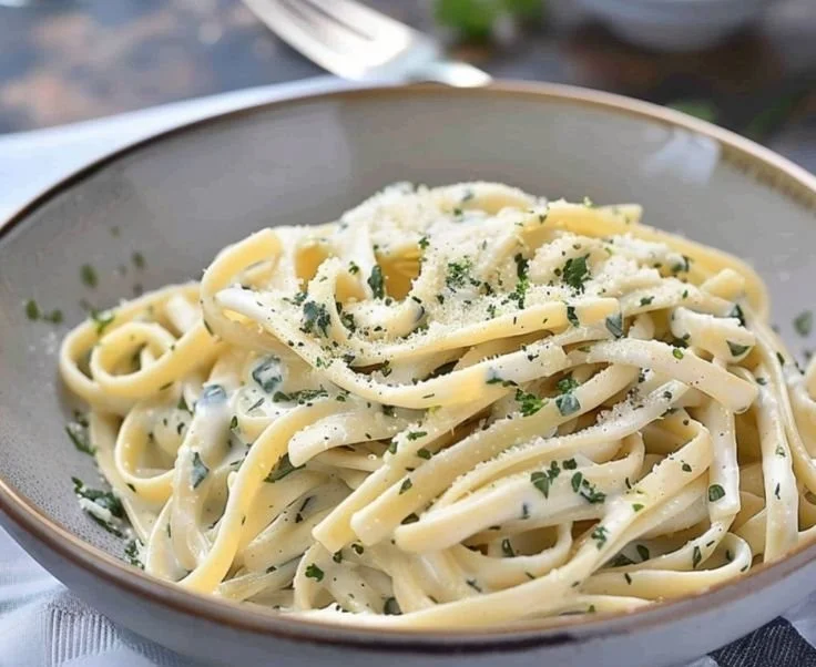 Creamy garlic yogurt pasta dish served in a bowl with herbs.