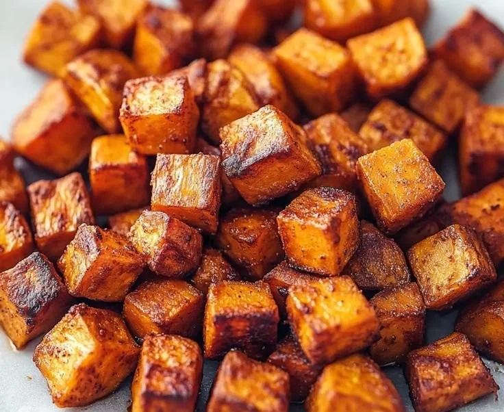 Bowl of crispy roasted sweet potato cubes garnished with herbs