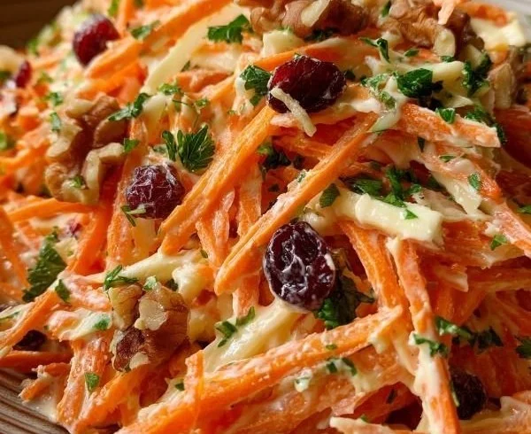 Crunchy apple carrot salad with creamy citrus dressing served in a bowl