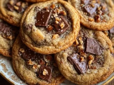 Decadent chewy toffee cookies with rich chocolate chunks on a plate