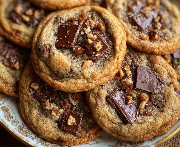 Decadent chewy toffee cookies with rich chocolate chunks on a plate
