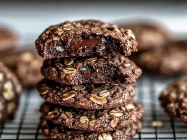 Delicious dark chocolate oatmeal cookies stacked on a plate