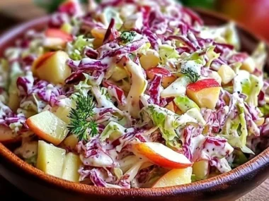 Delicious creamy cranberry apple coleslaw in a bowl with fresh ingredients