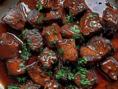 Delicious firecracker steak bites topped with chili butter on a wooden platter.