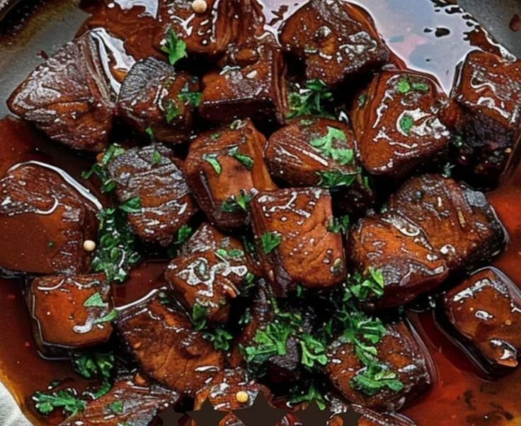 Delicious firecracker steak bites topped with chili butter on a wooden platter.