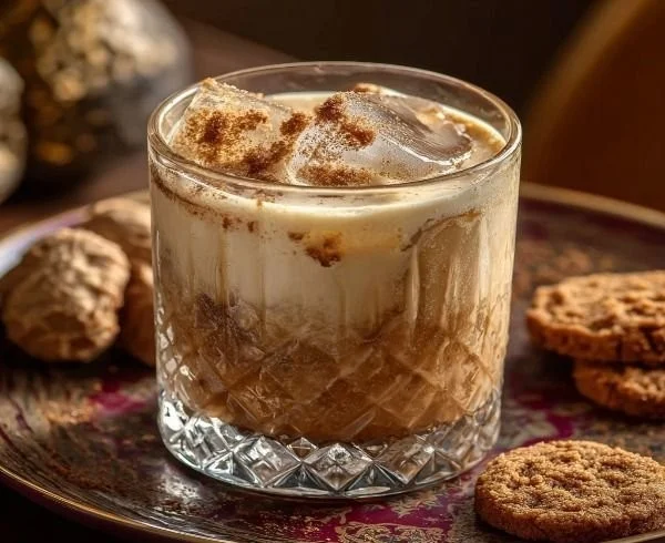 Gingerbread White Russian holiday cocktail served in a festive glass.