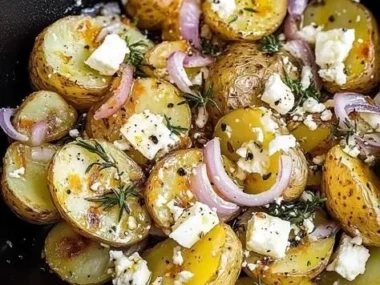 Plate of Greek smashed potatoes topped with feta cheese and herbs