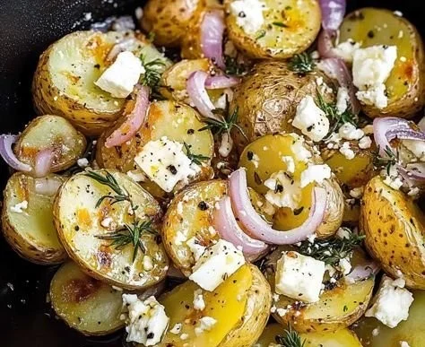 Plate of Greek smashed potatoes topped with feta cheese and herbs