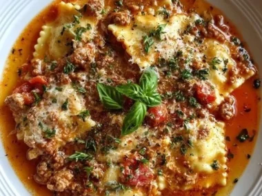 Hearty cheesy Italian lasagna soup garnished with herbs in a bowl.