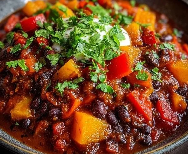 Bowl of hearty spicy pumpkin chili with black beans and sweet peppers