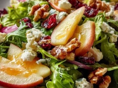 Honeycrisp apple salad with feta, nuts, and fresh greens served on a plate.
