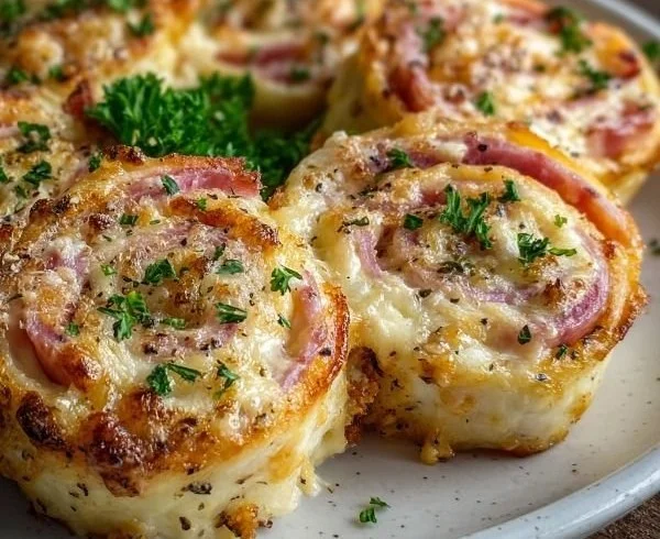 Delicious hot ham and cheese pinwheels served on a plate