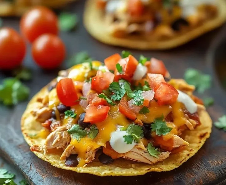 Delicious Mexican rotisserie chicken tostadas topped with fresh ingredients