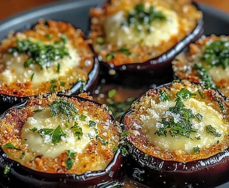 Crunchy garlic herb crusted eggplant slices on a plate