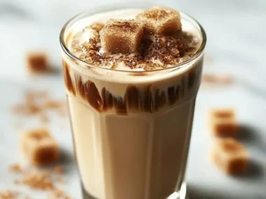 Delicious glass of brown sugar vanilla iced coffee with ice and cream