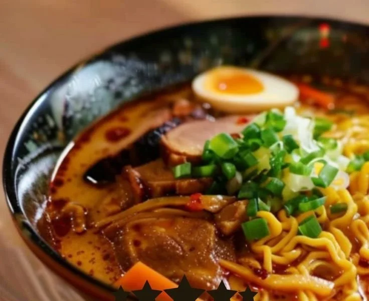 Bowl of Japanese curry ramen topped with vegetables and a soft-boiled egg
