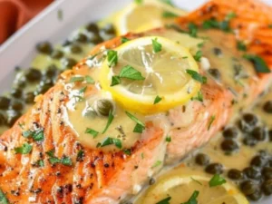 Lemon pepper roasted salmon fillet topped with crispy capers on a plate.