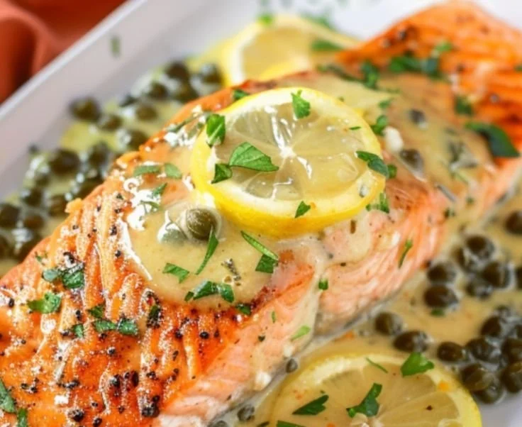 Lemon pepper roasted salmon fillet topped with crispy capers on a plate.