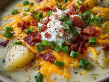 Bowl of loaded baked potato soup topped with cheese, bacon, and green onions