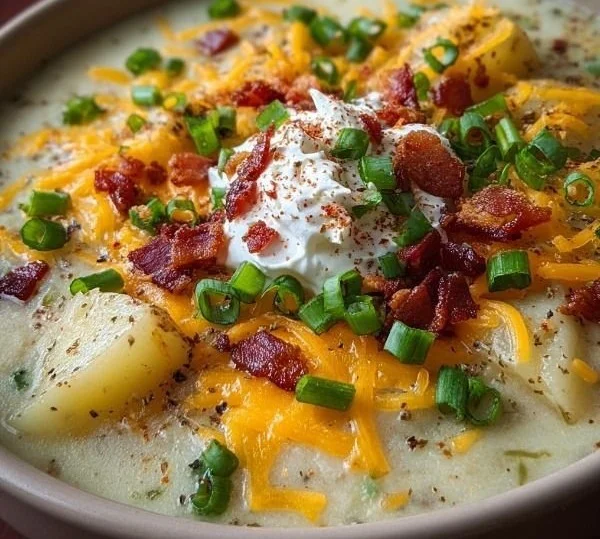Bowl of loaded baked potato soup topped with cheese, bacon, and green onions