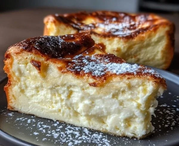 Creamy loaf pan Basque cheesecake topped with caramelized surface.