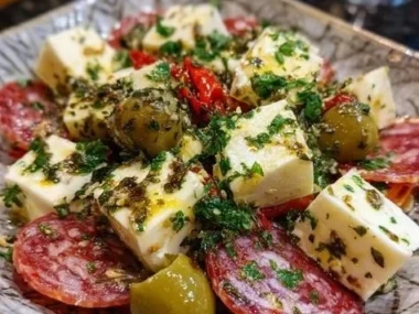 Platter of marinated cheese appetizer with fresh herbs and spices