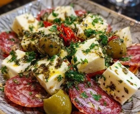 Platter of marinated cheese appetizer with fresh herbs and spices