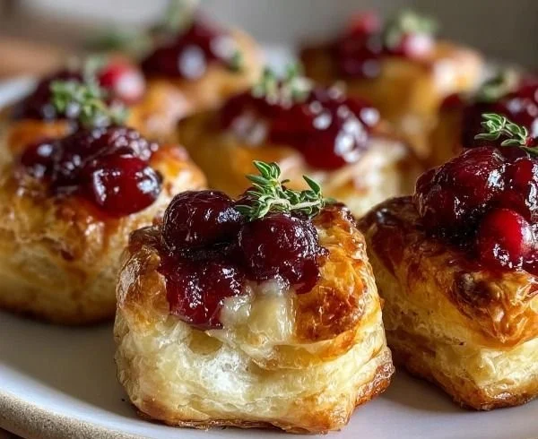 Mini cranberry brie bites topped with cranberries and herbs on a platter.