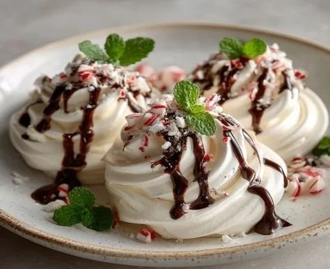 A plate of white and pink peppermint meringues decorated with crushed candy canes.
