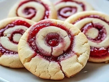 Delicious raspberry swirl cookies with vibrant fruit swirls baked to golden perfection.