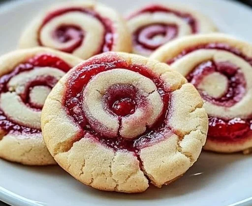 Delicious raspberry swirl cookies with vibrant fruit swirls baked to golden perfection.
