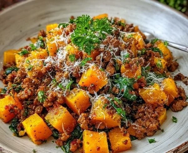 Roasted butternut squash with ground turkey served on a plate