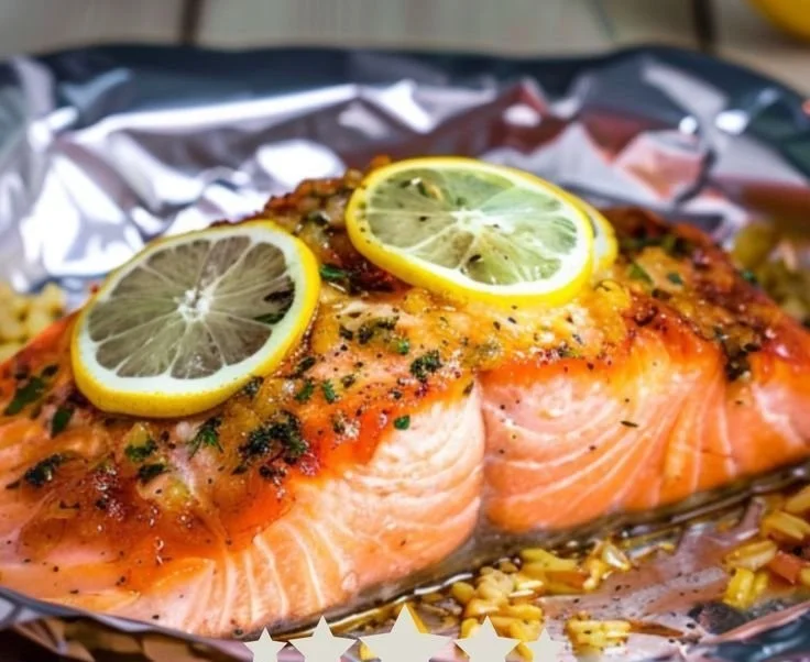 Salmon fillet cooked in parchment with citrus butter and fresh herbs