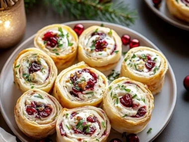 Savory Christmas cranberry roll ups on a festive plate