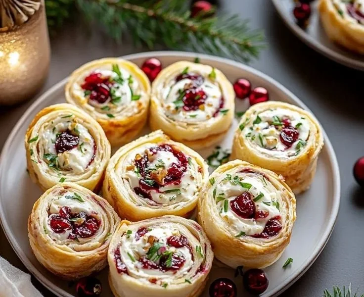 Savory Christmas cranberry roll ups on a festive plate