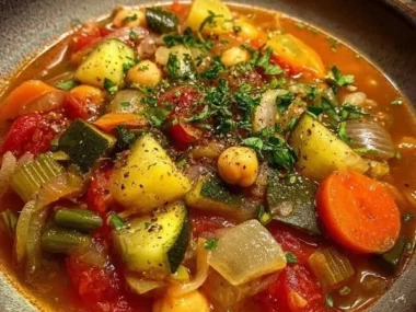 Bowl of savory and hearty Mediterranean vegetable soup filled with fresh vegetables