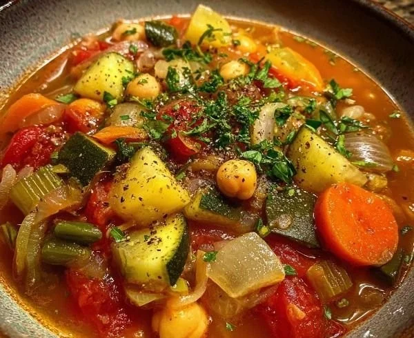 Bowl of savory and hearty Mediterranean vegetable soup filled with fresh vegetables