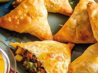 Delicious spiced lamb samosas with a side of mango chutney