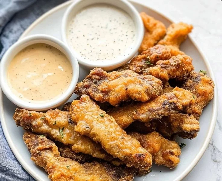 Plate of crispy steak fingers served with dipping sauce.