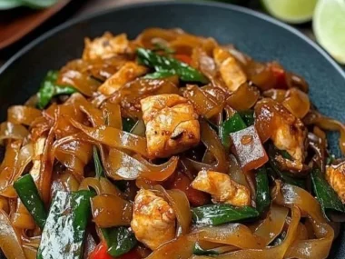 Plate of Street Style Thai Drunken Noodles garnished with fresh vegetables.