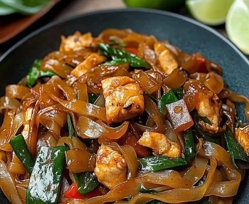 Plate of Street Style Thai Drunken Noodles garnished with fresh vegetables.