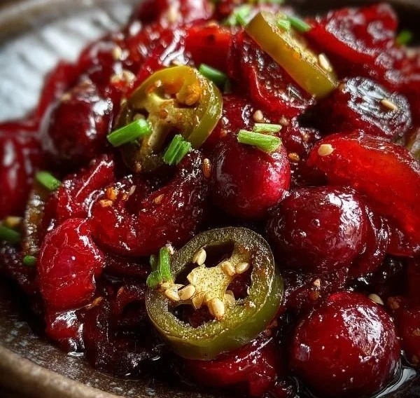 Sweet and spicy cranberry jalapeño cowboy candy in a jar.
