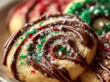 Swirled Christmas cookies decorated with festive colors and patterns.