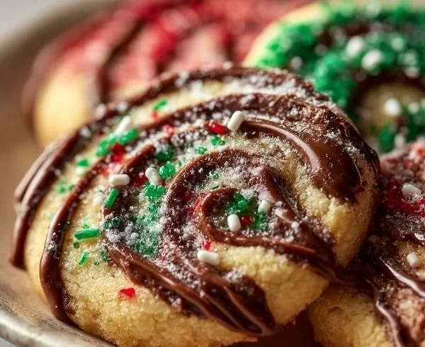 Swirled Christmas cookies decorated with festive colors and patterns.