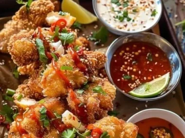 Ultimate crispy coconut crusted chicken served with dipping sauce