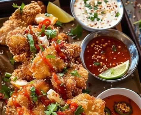 Ultimate crispy coconut crusted chicken served with dipping sauce