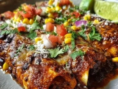 Plate of vegetarian black bean enchiladas topped with cheese and fresh cilantro